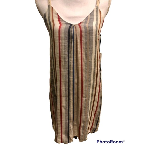 FREE W/PURCHASE  1 State Women Beige Striped Linen Dress XS Straps Pleated Lined - Picture 1 of 11